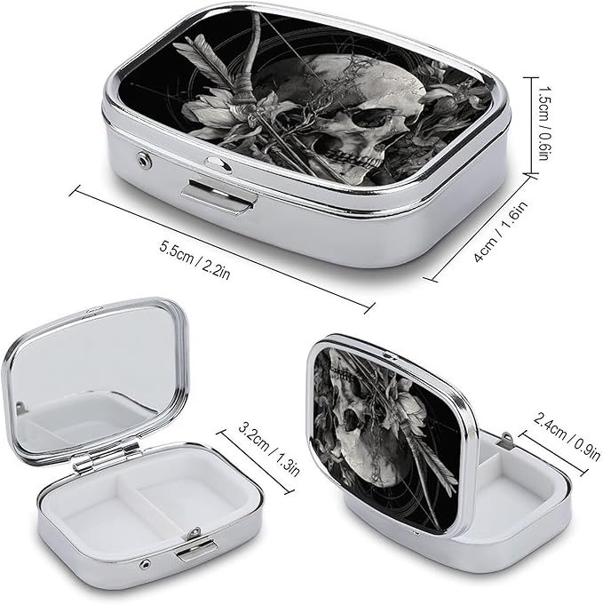 Metal Pill Organizer – 2-Compartment Pocket Pill Box for Vitamins, Supplements, Medications – Compact Travel Case (Skull Arrows with Lilies)