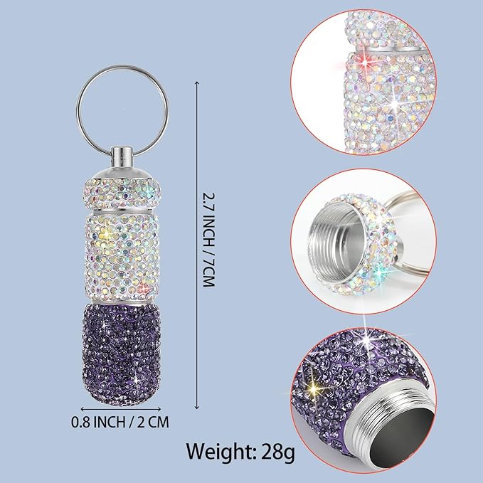 Bling Pill Case Portable Travel Pill Container Bottle Rhinestone Waterproof Small Pill Holder with Keychain Cute Mini Pill Storage Box for Outdoor Camping Case (AB-Purple)