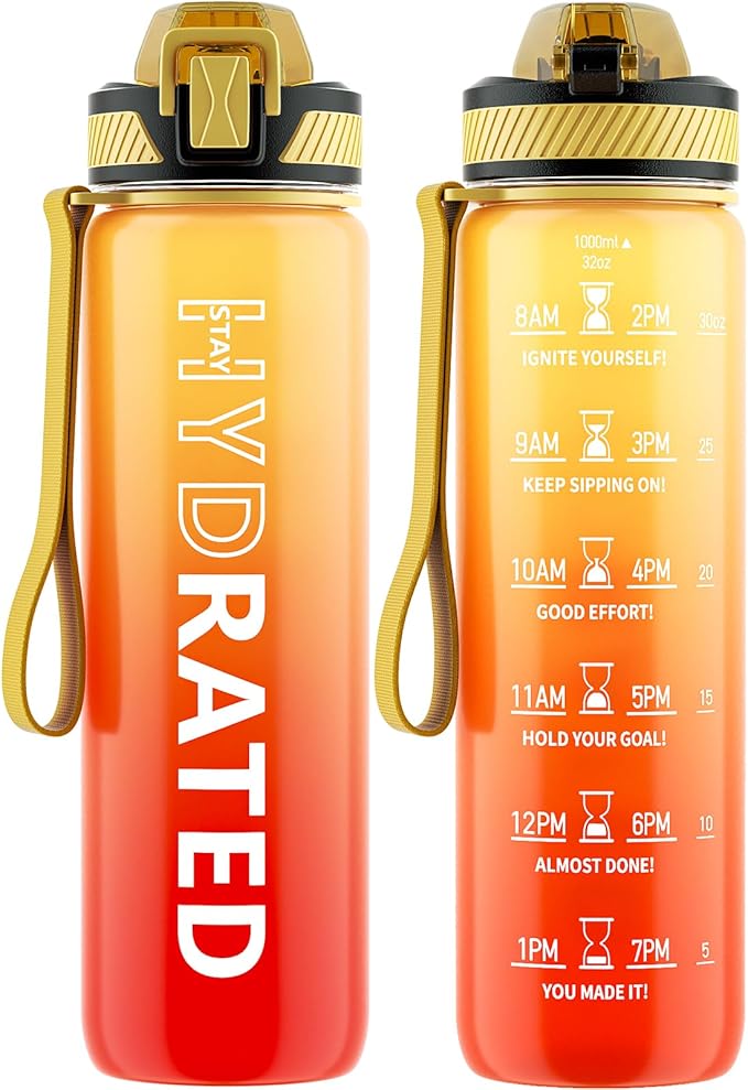 Water Bottle with Straw, 32oz Motivational Water Bottles with Time Marker to Drink, Tritan BPA Free, 1L Sports Water Bottle with Carry Strap LeakProof for Women Gym Fitness Outdoor (1 Pack)