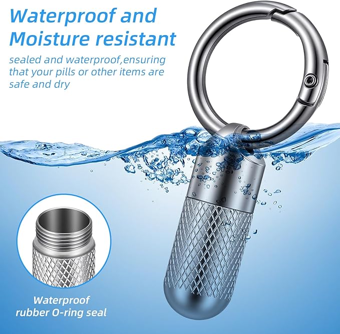 Small Pill Case Keychain Micro Keychain Pill Holder Mini Waterproof Metal Emergency Medicine Organizer Container Portable Carabiner Clip Medicine Bottle for Outdoor Camping Travel Purse Pocket