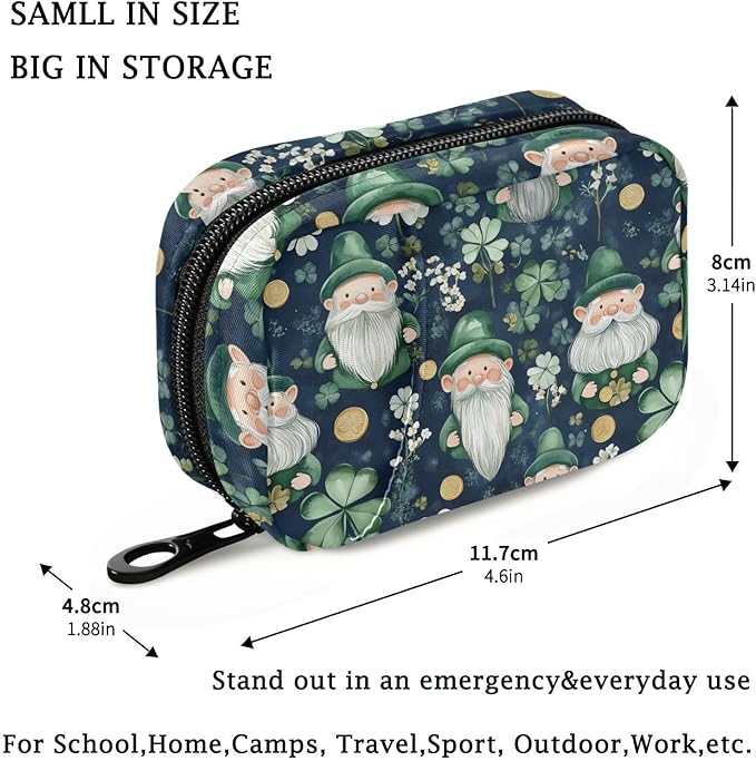 Fustylead St. Patrick's Cute Gnome and Gold Coin Travel Pill Organizer Bag with Zipper Small Pill Box 7 Day Pill Case for Purse Storage Weekly Vitamin Medicine Supplement