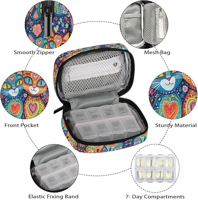Abstract Cat Ethnic Pill Case Travel Pill Organizer Weekly 7 Day Portable with Zipper Medicine Box Pill Case for Vitamins, Birth Control,Fish Oils,Medication, Supplements