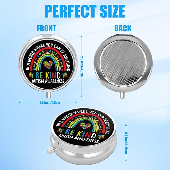 Pill Box, 3 Compartments Small Autism Awareness Pill Case Travel Portable Metal Medicine Box with Mirror Mini Container for Purse Pocket Women Men（Be Kind）
