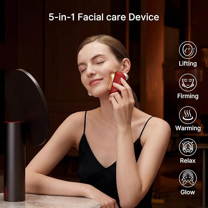 ZDEER LED Red Light Therapy for Face & Neck Massager Facial Care Device – Electric Gua Sha Brass Tool with Heat & Vibration for Firming, Sculpting & Skincare, Red