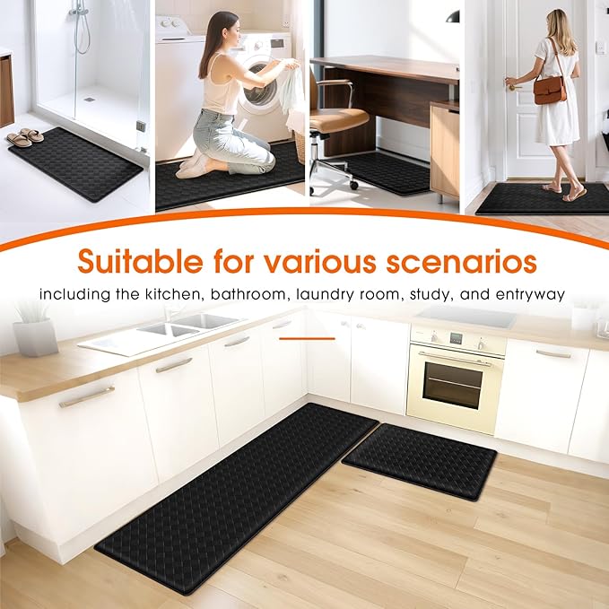 Kitchen Mats, 2PCS Kitchen Rugs, Cushioned Anti Fatigue Kitchen Mats for Floor, Non-Slip Standing Desk Mat, Waterproof Kitchen Rug Set for Kitchen Floor Office,17.3"×30"+17.3"×59" Black