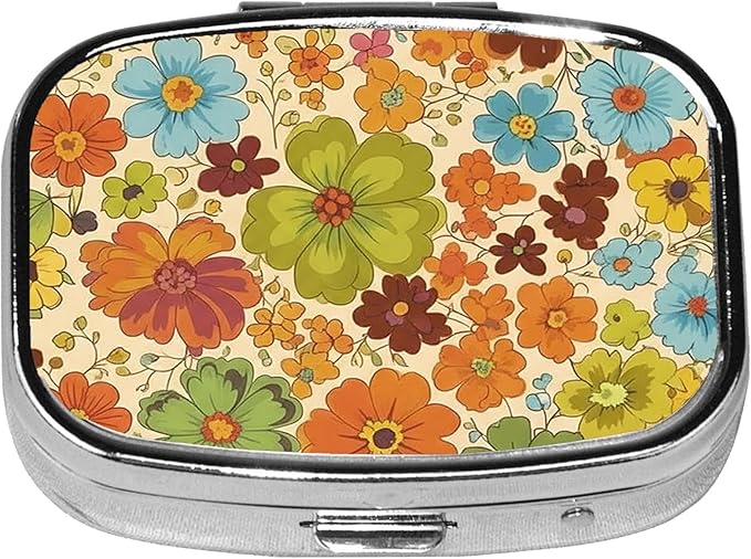Square Pill Case Small Pill Box with Mirror Pocket 2 Compartment Vitamin Pill Medicine Case Organizer Pill Containers for Traveling Vintage Flower Petals One