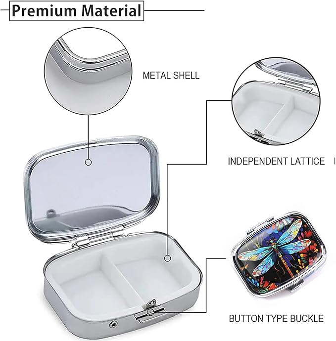 WATASSA Pill Box with Animal Style Mirror All-in-One 2-Compartment Portable Medicine Organizer, Marble Pattern Travel Pill Case for Vitamins&Daily Medication(Fits Pocket/Purse) (Jewel-toned Dragonfly)