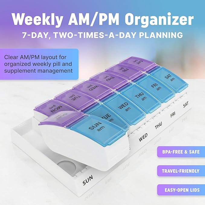 Weekly AM/PM Pill Organizer - 7 Day Medicine Planner with Large Pop-Out Daily Compartments, Easy Open 2-Times-a-Day Pill Case for Travel that Holds Big Size Vitamins & Supplements, Blue and Purple