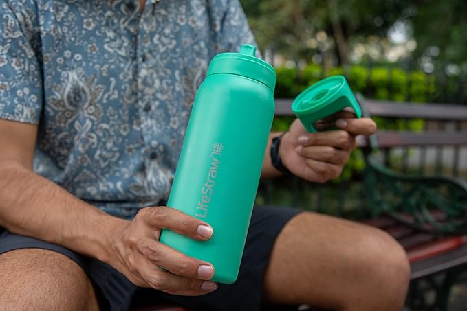 LifeStraw Go Series – Insulated Stainless Steel Water Filter Bottle for Travel and Everyday Use, Removes Bacteria, Parasites and Microplastics, Improves Taste, 24oz Cactus Green