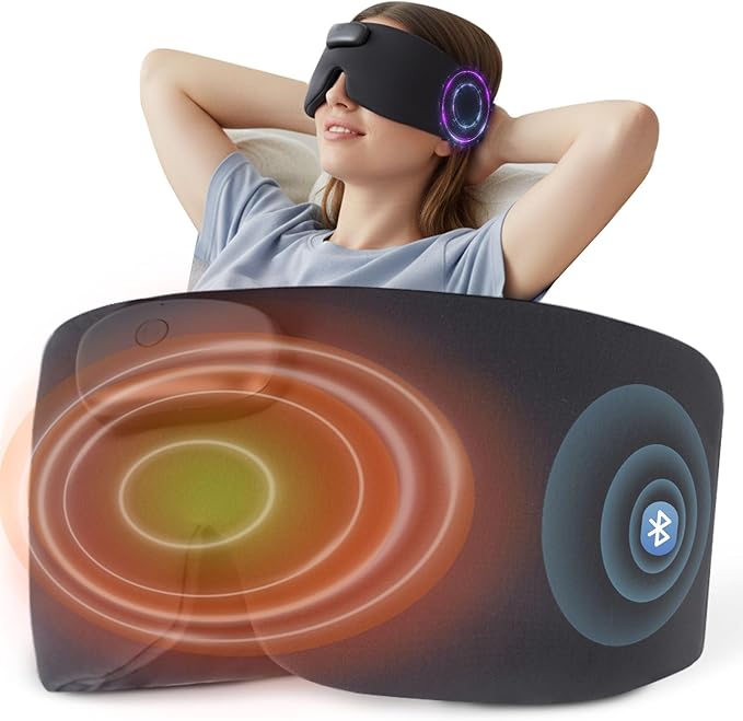 Heated Sleep Mask with Bluetooth Headphones, Cordless Rechargeable Heating Eye Mask with Adjustable Heart Timer Music, Washable Sleeping Mask with Bluetooth Headphones for Dry Eyes (Blue)