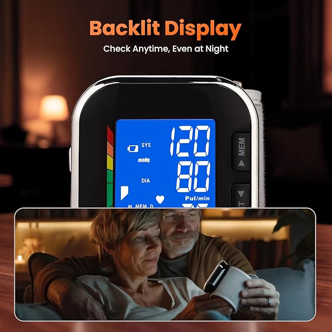 Blood Pressure Monitor Adjustable Wrist Cuff LCD Backlit Display BP Machine for Home Use Stores Up to 60 Readings Batteries Included with Carrying Case, Black
