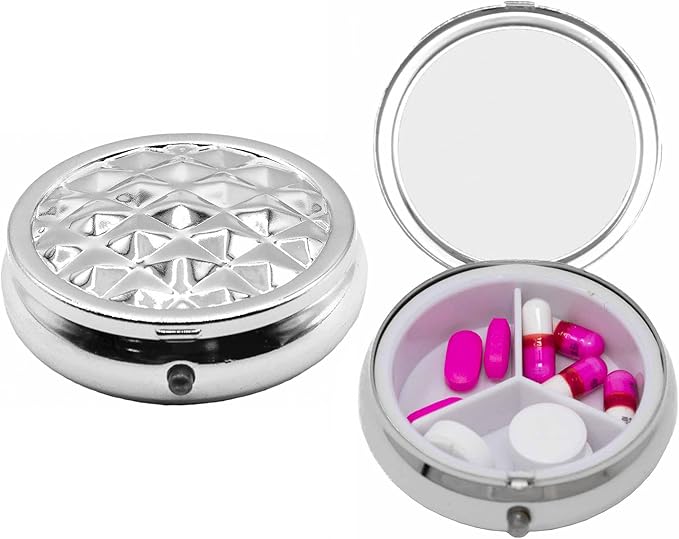 Set of 2 Circular Embossed Triple-Compartment Pocket Purse Pill Box & Organizer (Silver Ridge)
