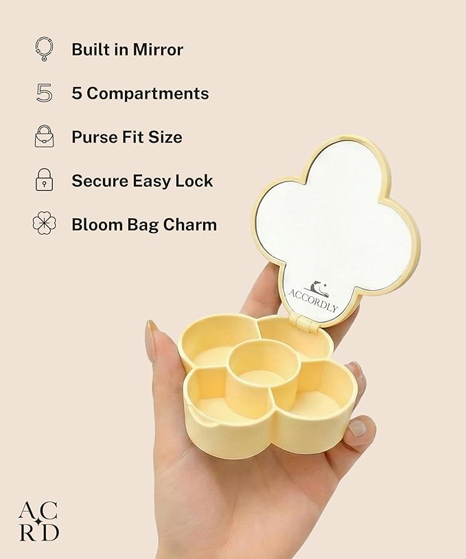 NobleCase Bloom Charm Travel Pill Organizer, 5 Compartments with Mirror, Easy-Open Lock, Cute Compact Pill Box for Purse, BPA-Free Vitamin Case and Small Jewelry Storage, Citron Yellow