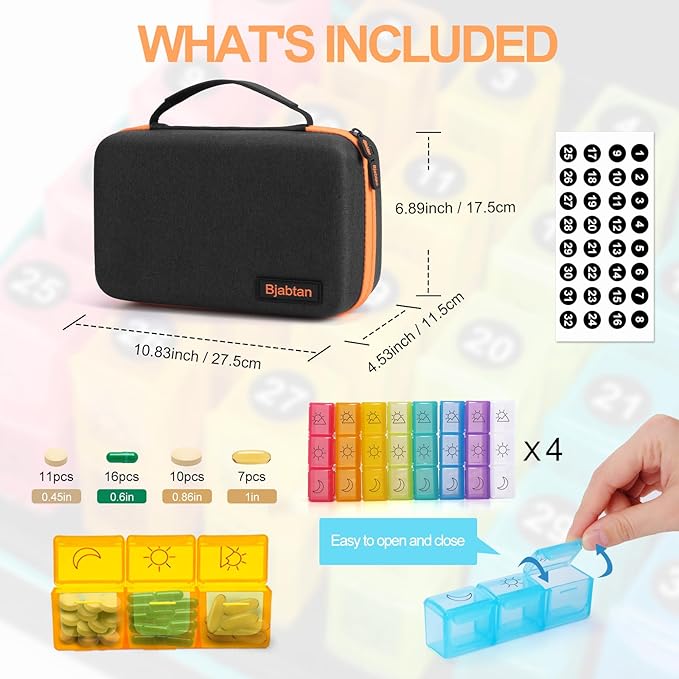 Monthly Pill Organizer 3 Times a Day, Small 30 Day Month Pill Box Organizer with Travel Case, Monthly Medicine Organizer with 32 Daily Compartments for Vitamin, Fish Oil and Supplements