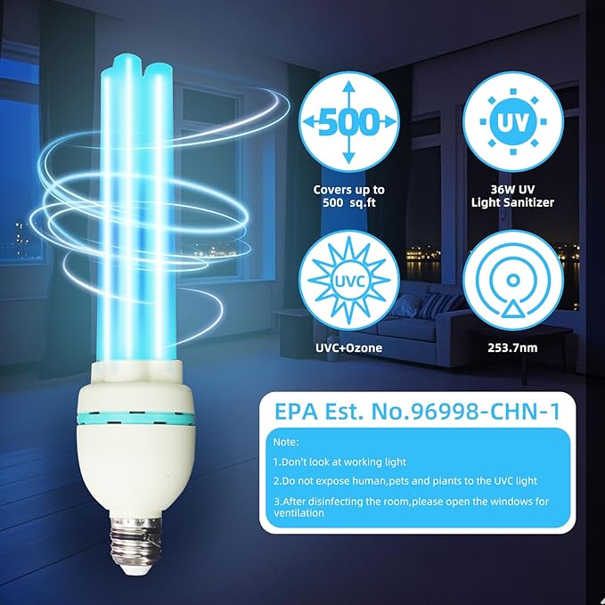 36W Ozone UVC Light Bulb, 185nm wavelength UV Lamp for Basement/Storehouse/Car/Kitchen/Bedroom, E26 110V UVC Light Bulb