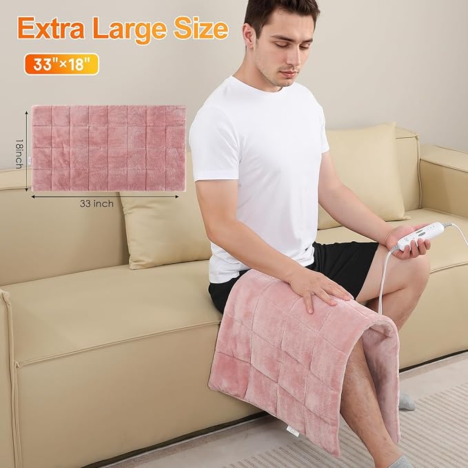 Weighted Heating Pad with 2 Massager 4.85Lbs,18"x33" X-Large Heated Pad for Back Pain Relief with 3 Heat Settings 2Hrs Auto Shut-Off for Neck Shoulder Arms Legs（Pink