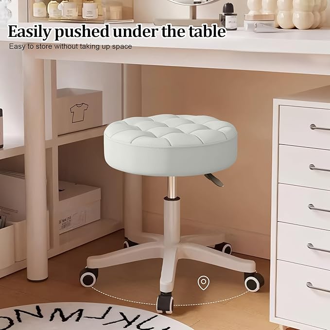 Small Rolling Stool with Wheels, PU Leather Height Adjustable Vanity Work Task Stool, 360 Swivel, Padded Seat Cushion,for Salon, Home, Office