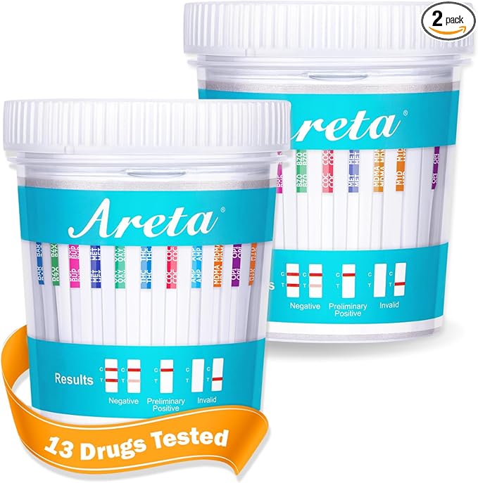 Areta Multi-Drug Test Cup 13 Panel, Screen for Most-Use Drugs (THC/AMP/BAR/BUP/BZO/COC/MDMA/MET/MTD/OPI/OXY/PCP/TCA), Results in 5 Min -#ACDOA2-1134 (2 Pack)
