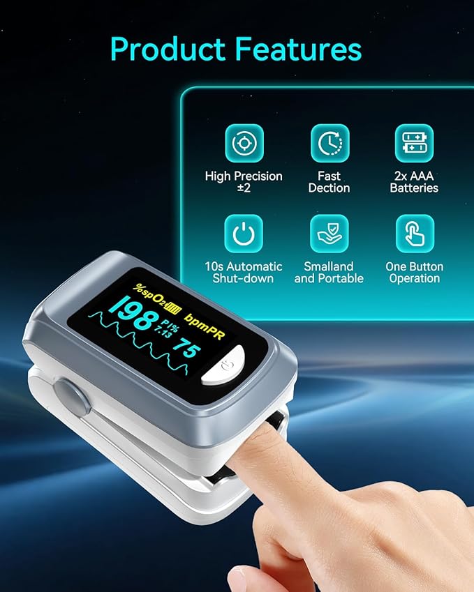 Fingertip Pulse Oximeter Blood Oxygen Saturation Monitor Pulse Ox, Heart Rate and Fast Spo2 Reading Oxygen Meter with OLED Screen Included Lanyard and 2 X AAA Batteries