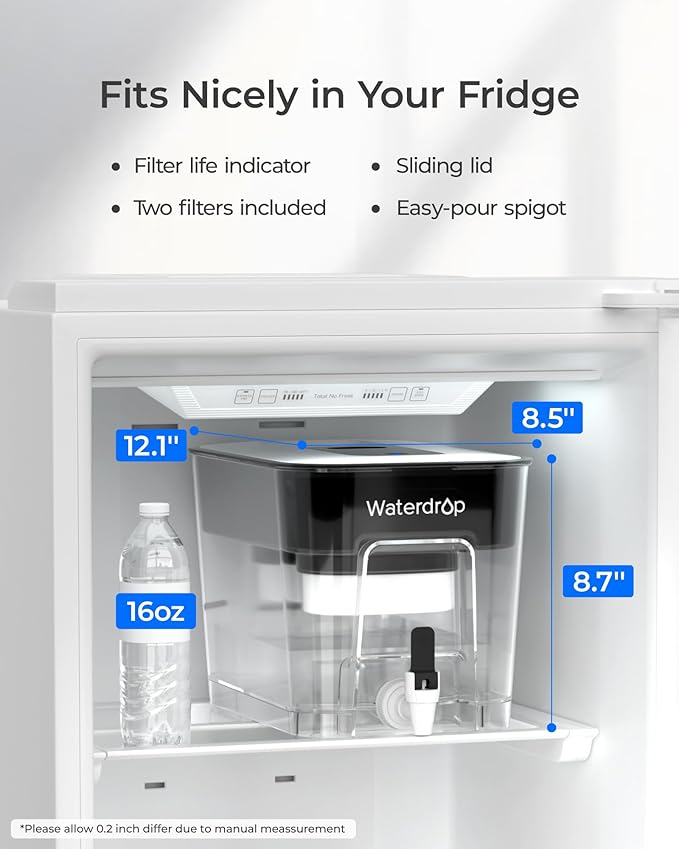 Waterdrop 40 Cup Dual Filter Dispenser, 8X Faster Filtration, 400-Gallon Lifespan, Water Filter Dispenser for Home/Office, 2 Built-in Filters, 10X Longer Lifetime, Reduces Chlorine, PFOA/PFOS, Black