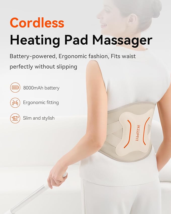 Cordless Heating Pad with Massager for Back Pain Relief: MAXwarm® 4.0, Portable Heated Back Brace with Lumbar Support for Sciatica, Large 8000mAh Battery, for Women Men 70" Beige