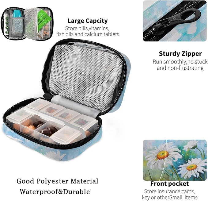 Fustylead Vibrant White Daisy Flowers Oil Painting Travel Pill Organizer Case Zipper for Purse with Removable Weekly Pill Box for Medicine, Vitamin, Supplement Medicine Organizer