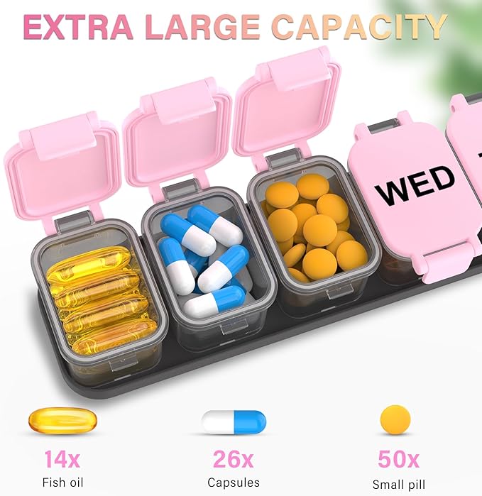 Extra Large Weekly Pill Organizer - XL Vitamin Holder with 7 Detachable Compartments, Portable Medicine Pill Organizer for Supplements, Daily Pill Case for Home and Travel,Pink