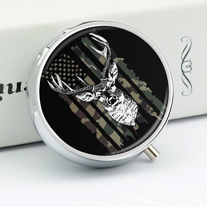 Round 3 Compartment Pill Box, Decorative Travel Pill Case, Moistureproof Daily Cute Pill Box Suitable for Women Men Compatible with Camo Camouflage American Flag Hunting Cool Deer Black