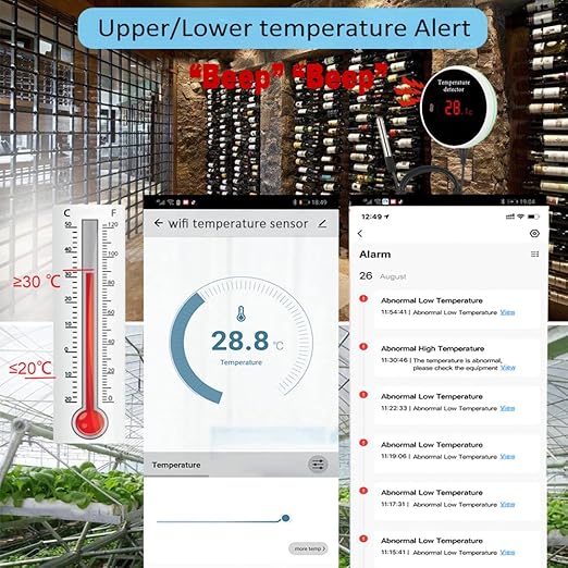 WiFi Temperature Sensor Smart Thermometer: Digital Temperature Monitor Gauge with Waterproof External Probe, App Alert & Buzzer Alarm, Rechargeable Battery, for Freezer, Refrigerator, Fish Tank