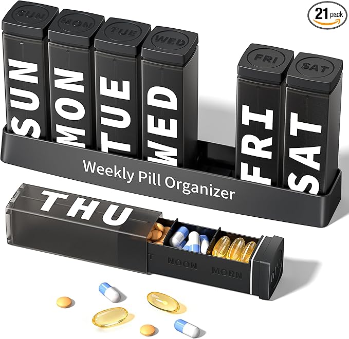 Betife Large Weekly Pill Organizer 3X a Day, Detachable Pill Box 7 Day, Daily 3 Times Pill Case, Travel Pill Container Holder, Week Medication Dispenser Pillbox for Vitamin Supplement Medicine（Black）