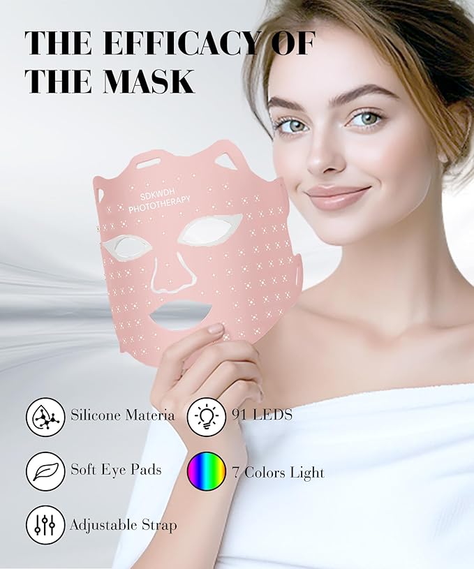 Red Light Mask for Face, 7-1 Colors Facial Care Mask, 850nm Infrared & Red Light Masks, Ergonomic Design for Home & Travel, Pink