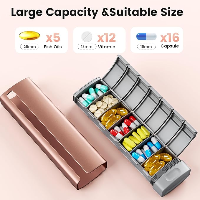 Daviky Metal Travel Pill Organizer, Premium Aluminum Pill Box 7 Day, Weekly Daily Pill Case, Stylish&Cute Pill Holder for Medicines, Supplements and Vitamins (Pink+Gray)