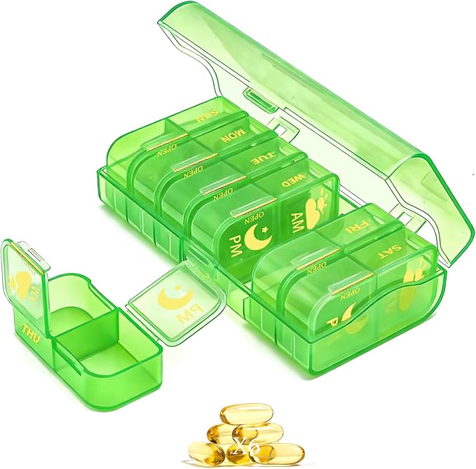Weekly Pill Organizer 2 Times a Day, 7 Day AM/PM Pill Box, Portable Medication Dispenser with Child-Resistant Latch, BPA-Free, Travel, Office, Pets, Emergency Use (Neon Green)