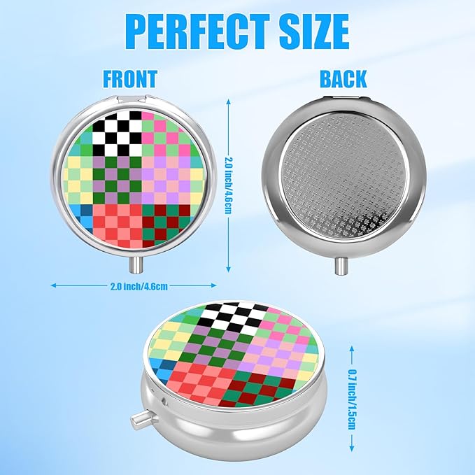 Colorful Checkered Pill Case, Pill Box 3 Compartments Metal Small Pill Holder with Mirror Mini Travel Pill Container for Purse Pocket Women Men