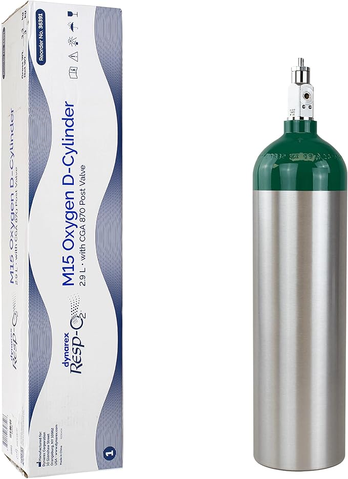 Dynarex Resp-O2 M15 Oxygen D-Cylinder with CGA 870 Post Valve – 2.9L Jumbo Size Oxygen Cylinder - Lightweight Aluminum Portable Tank with 440L Oxygen Capacity