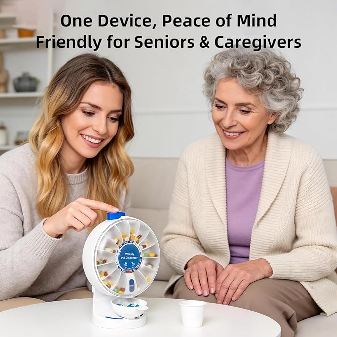EziMedPil Pill Dispenser Daily, 14 Days Large Pill Organizer with One-Press Button, Standing Use or Wall-Mounted or Glass-Sticking Pill Container w/Med Cup, Weekly Pill Box for Vitamin,Medicine (Blue)