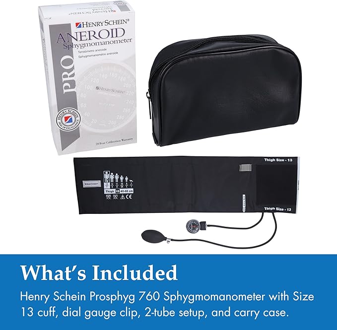 Henry Schein Prosphyg Adult Aneroid Sphygmomanometer – Size 13 Thigh Cuff (15.7"–26"), Black Cuff, Manual Blood Pressure Monitor, Dial Display, Reusable, Latex-Free, Carrying Case – 1 Count
