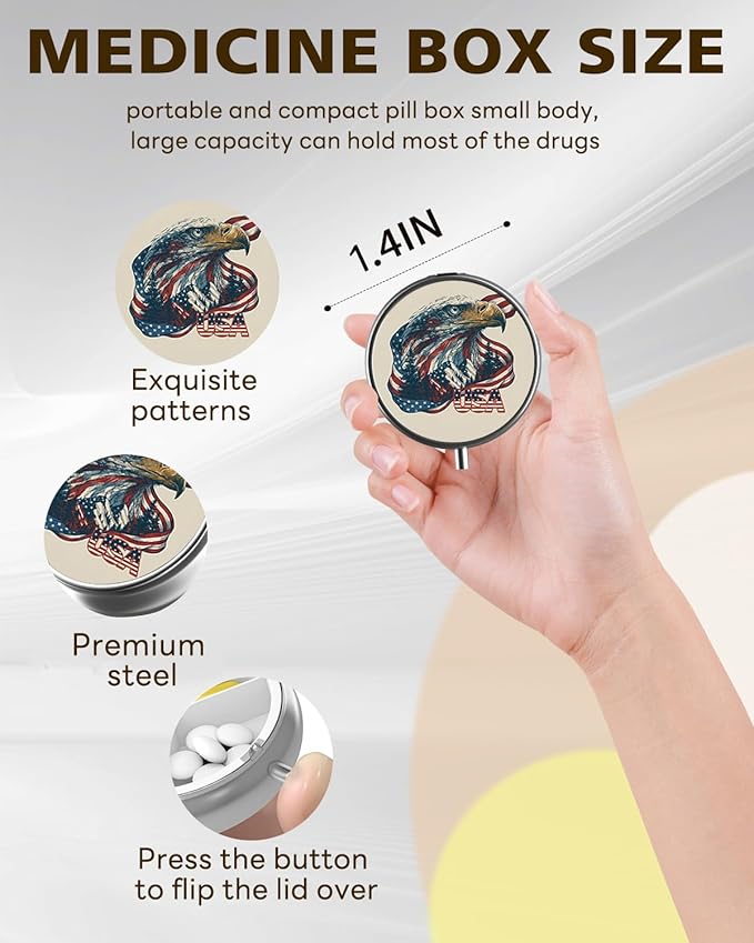 LRITER Pill Case, Portable Travel Pill Box, Pillbox Organizer, Cute Small Medicine Storage Container, Purse Accessories for Women, Men (Eagle)