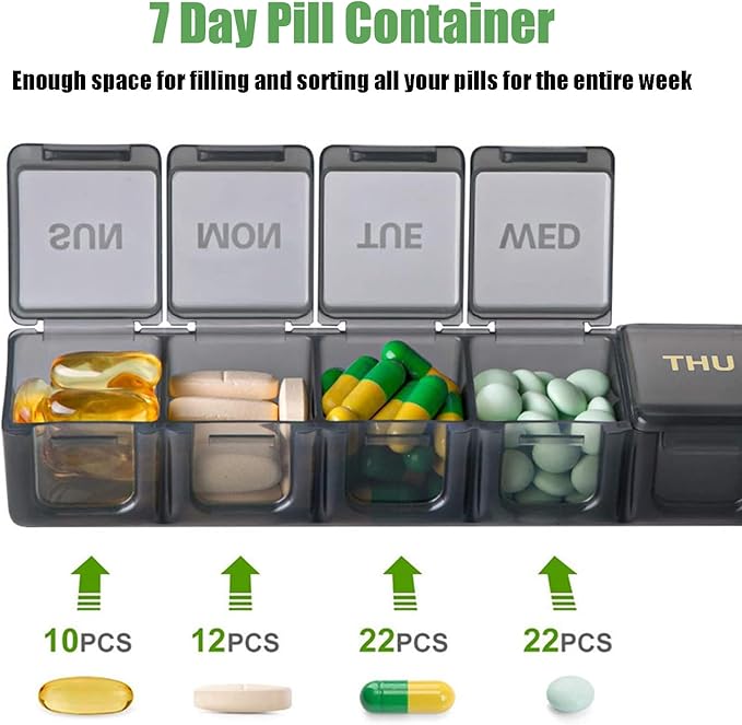 2 Pack Weekly Pill Organizer, Large 7 Day Pill Case, Daily Vitamin Case Medicine Box, AM/PM Pill Containers for Medicine Supplements Fish Oil (Red & Green)