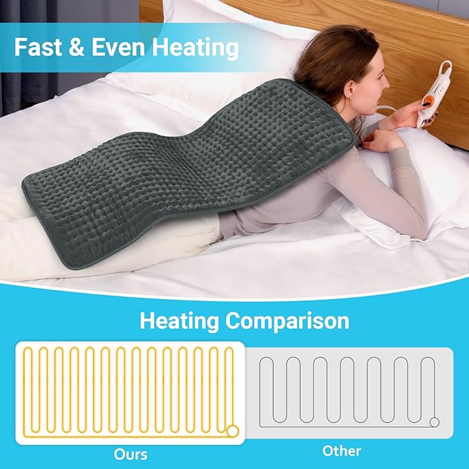 Boileau Electric Heating Pad for Back Pain and Period Cramps Relief, 17"x33" Extra Large XXXL, 3 Heating Levels Heat Pad with 2-Hour Auto Shut Off, Gifts for Women and Mom, Grey
