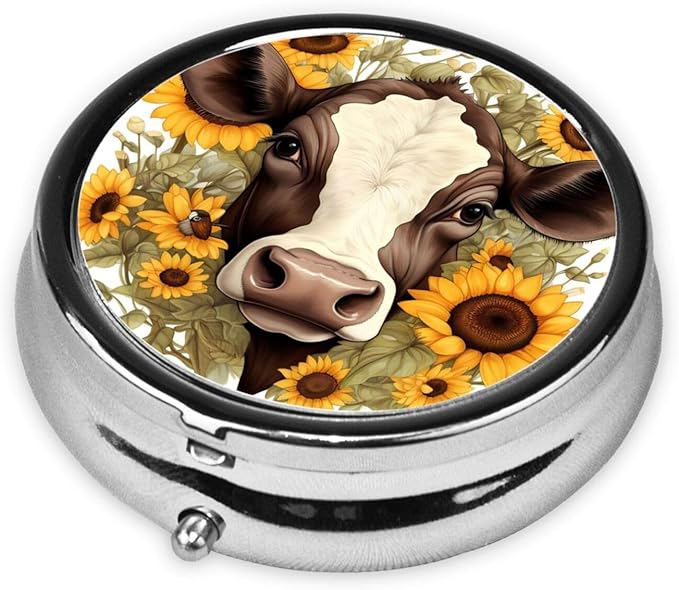 Sunflower Cow Pill Box 3 Compartment Pill Case, Portable Medicine Pill Organizer for Pocket Purse Pill Box Decorative Metal Medicine Vitamin Organizer