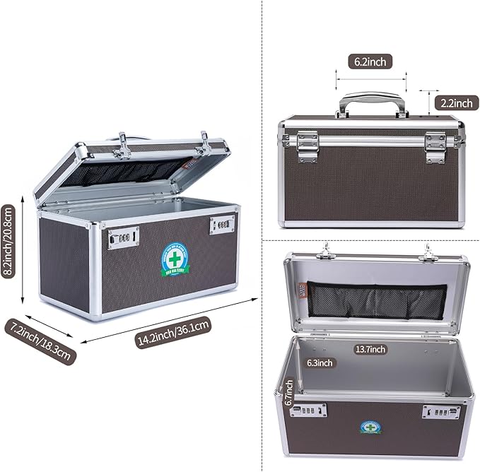 Lockable Medication Box with Portable Storage Case, Childproof Medicine Lock Organizer, Locked Empty First Aid Storage Case (Coffee/Large)