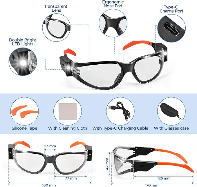 Rechargeable LED Safety Glasses for Mechanics | Ultra-Bright Built-in Work Light, Anti-Fog Clear Lenses | for Auto Repair, Under-Hood & Dark Workspaces