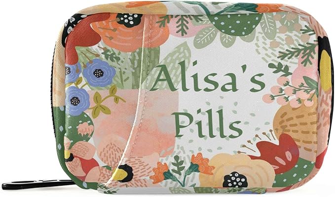 Custom Pill Box 7 Day Pill Case Bag Cactus Flowers Personalized Name Travel Pill Organizer Bag with Zipper Portable Weekly Case Compact Size for Vitamin Supplement Holder