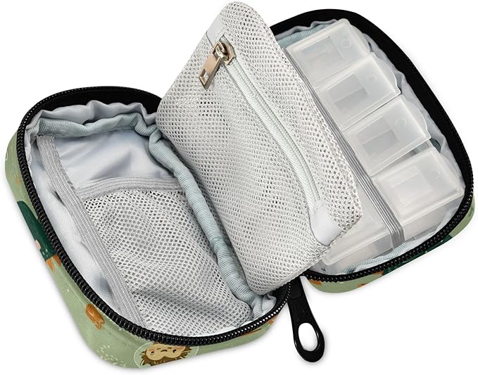 Green Cute Space Dinosaurs Travel Pill Organizer Case Box Container Weekly Portable Vitamin Medicine Holder Storage Bag with Zipper Removable