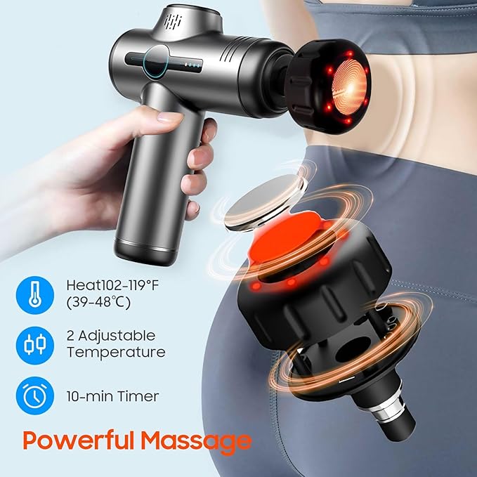 Massage Gun with Heat, Compact Handheld Massager for Home, Office & Gym, Mini Massage Gun with 7 Massage Heads, Quiet and Portable