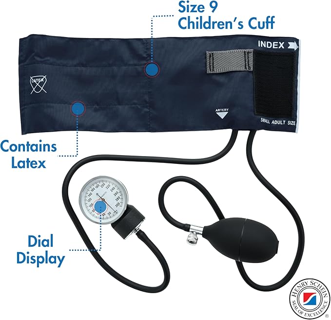 Child Pro Aneroid Sphygmomanometer – Size 9 Navy Blue Cuff, Manual Blood Pressure Monitor, Reusable, Dial Display, Includes Leatherette Carrying Case – 1 Count