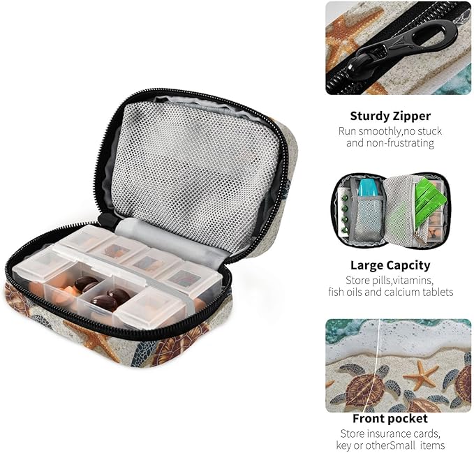 Travel Pill Case Sea Turtles Starfish Seashell Weekly Small Pill Box 7 Day Pill Box Pill Organizer Bag