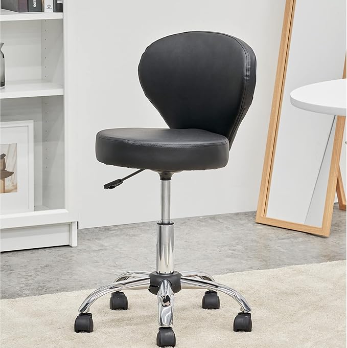 Adjustable Swivel Rolling Stool Chair with Backrest and Wheels, Multi-Purpose Office Desk Chair, Thick Seat Cushion for Home Bar Kitchen Shop, Black