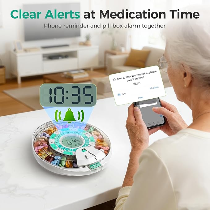 Betife Automatic Pill Dispenser,28-Day Smart Bluetooth Pill Box, App Support Automatic Pill Case with 6 Alarms & Light Reminder, Monthly Timer Dispenser,Electronic Medication Management for Seniors